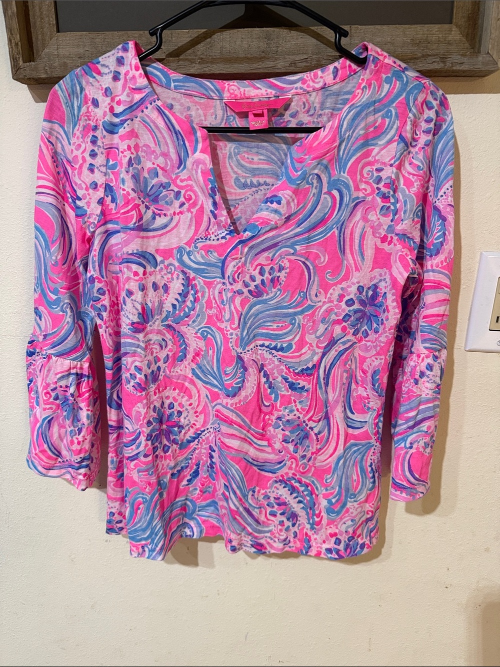 Lilly Pulitzer Pink, Blue & White Paisley V-Neck Cotton Bell Sleeve Top